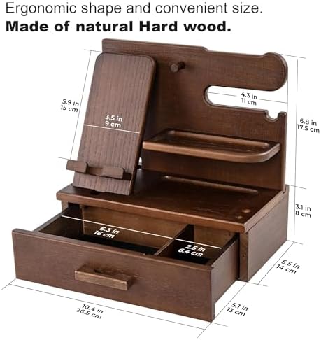 TESLYAR Wood Phone Docking Station with Drawer – Nightstand Organizer – Desk Organizer for Husband – Birthday Gifts for Men, Dad, Anniversary Idea, Key Holder Stand Watch & Accessories (Bourbon Brown) – Enhanced Compatibility and Speed