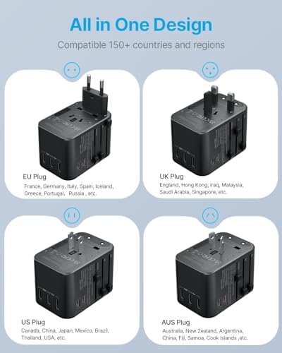VINTAR Universal Travel Adapter: All-in-One Power Converter with 6 A Output, 3 USB-C and 2 USB Ports for Fast Global Charging Across Europe, UK, USA, and Australia – Essential Travel Accessory for Effortless Device Connectivity and Safety Features