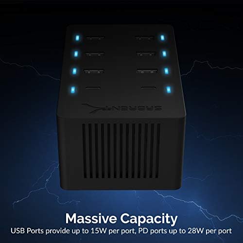 SABRENT 100 W 8-Port USB Charging Hub – High-Efficiency Family Charger with Dual Power Delivery for Rapid Device Recharging – UL Certified Safety Features for Universal Device Compatibility