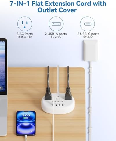 Stylish Brown Extension Cord with 1080 J Surge Protection – 5 FT Flat Braided Design Featuring 3 AC Outlets & 4 USB Ports (24 W/4.8 A) for Fast Charging – Ideal Tan Desk Accessory for Powering Devices Safely & Efficiently