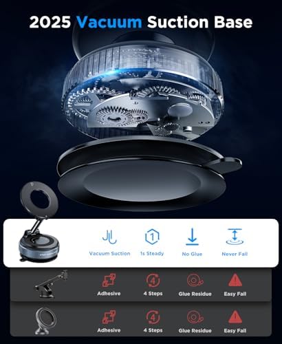 Beeasy for MagSafe Car Mount Upgraded Vacuum Suction Dashboard Phone Holder, 360° Adjustable Foldable Car Mount for iPhone 16e 16 15 14 13 12 Pro Max, Fit for Gym/Smooth Surface, Black – Enhanced Compatibility and Speed
