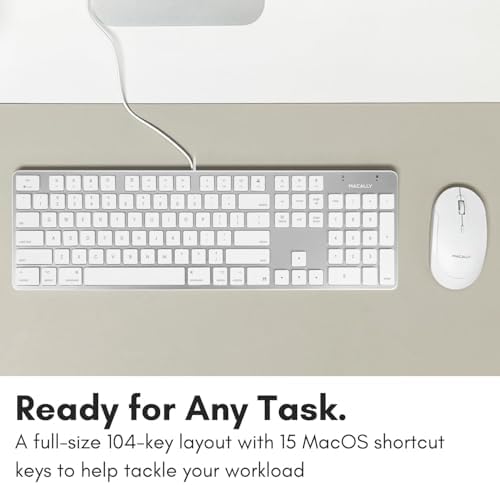 Enhance Your Workspace with the Macally Ultra-Slim USB Wired Keyboard – Full-Size Design & Number Keypad for Mac & Windows Devices, Elegant Silver Finish for Style and Durability