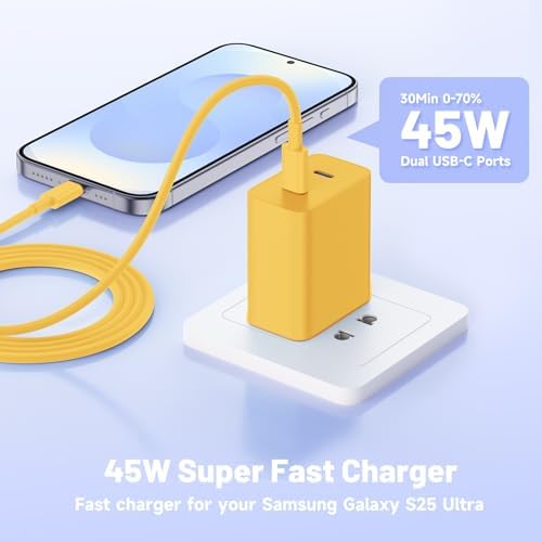 Dual-Port 45 W USB-C Wall Charger for Samsung Galaxy S25/S24 Ultra – Super Fast Charging with 2-Pack 6.6 ft Cables, PD 3.0 & PPS Technology for Enhanced Compatibility and Performance – Ideal for Mobile Professionals and Families