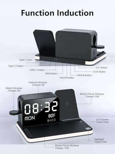 Ultimate 7-in-1 Wireless Charging Station for Apple Devices – Fast 33 W Charger with Bluetooth Time Sync, Night Light & Multi-Device Compatibility for i Phone 16/15/14/13/12 Pro Max, Android Phones, Air Pods & Apple Watch – Stylish & Efficient Power Solution