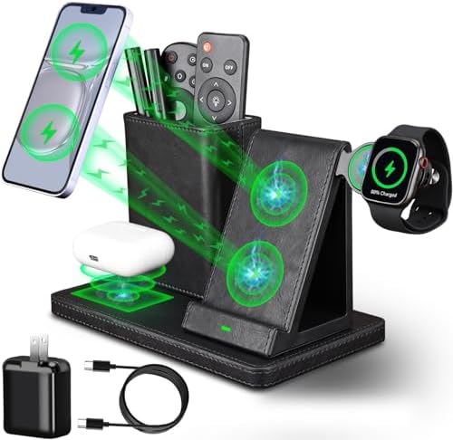 Sophisticated White Leather Pen Holder Desk Organizer with 3-in-1 Wireless Charger for Phone, Earbuds & Watch – Ultimate Desk Accessory for Women, Ideal Birthday Gift for Moms and Professionals – Enhance Workspace Efficiency and Style