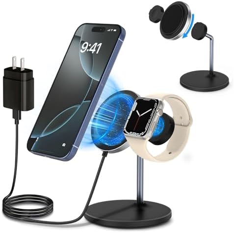 2-in-1 Magnetic Wireless Charger Station for i Phone & Apple Watch – 15 W Fast Charging Pad with Detachable Stand, Includes 25 W PD Adapter – Optimal Compatibility for i Phone 16/15/14/13/12 Series & Apple Watch Models – Travel-Friendly Design with Enhanced Magnetic Alignment for Secure Charging & Vertical/Horizontal Viewing