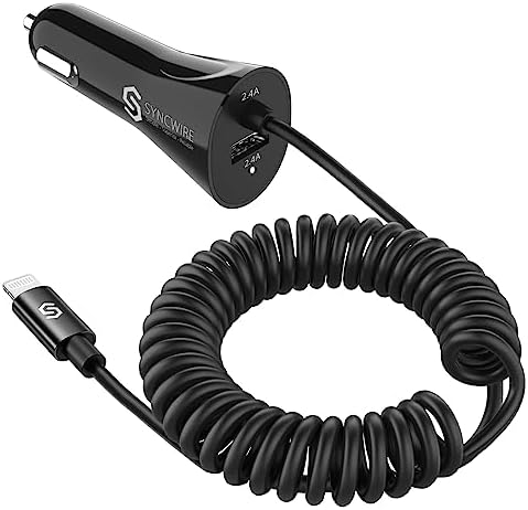 Syncwire Lightning Car Charger with Coiled Cable – 4.8 A Dual USB Power Adapter for i Phone & i Pad – Apple MFi Certified Fast Charging Solution for i Phone 14/13/12/11/Xs/XS Max/XR/X/8/7/6 Plus – Tangle-Free Convenience for On-the-Go Professionals
