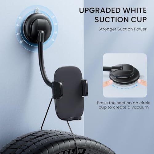 Qifutan Premium Anti-Shake Car Phone Holder with Long Arm Design – Universal Dashboard & Windshield Mount for All Smartphones, Enhanced Stability & Safety for Hands-Free Driving, Black