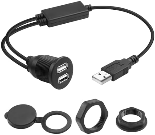 QIANRENON USB 1 to 2 Flush Mount Adapter Short Cable USB2.0 Male to 2 USB2.0 Female Threaded Fixed Panel Mount Connector, with Chip, Simultaneou 480Mbps Data Transfer 5V/2A Charging, 35cm/13.8in – Enhanced Compatibility and Speed