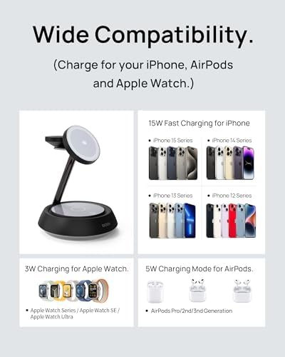 SODI 3-in-1 Magnetic Wireless Charging Station with Ambient Light – 15 W Fast Charger for i Phone 16, 15, 14, 13, 12 Pro/Max, Air Pods & Apple Watch – Sleek Design for Effortless Device Organization and Enhanced Charging Efficiency