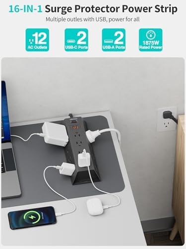15 FT Surge Protector Power Strip with 12 AC Outlets & 4 USB Ports (2 USB-C) – Versatile Flat Plug Extension Cord for Home & Office, Wall Mountable Charging Station for Efficient Device Management and Enhanced Safety
