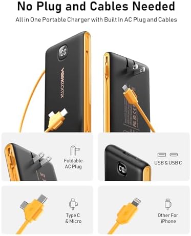 Ultimate Travel Power Bank with Built-in Cables and Wall Plug – 10,000 m Ah Fast Charging Battery Pack for i Phone 16/15/14/13 & i Pad – Sleek Yellow Design for Maximum Compatibility and Convenience
