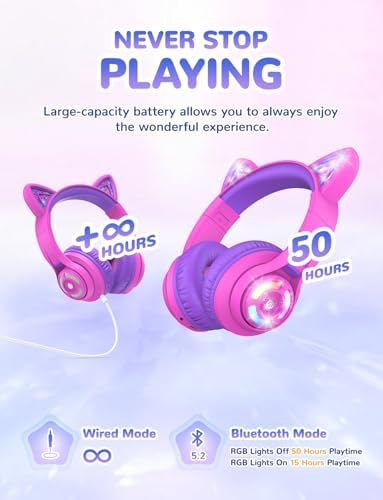 Magical Cat Ear Bluetooth Headphones for Kids – Mesmerizing Gradient Pink with LED Glow, 50-Hour Battery Life, Safe 74/85 d BA Volume Limiting, Superior Bluetooth 5.2 Connectivity & Rapid USB-C Charging for Ultimate Travel Convenience and Enjoyment