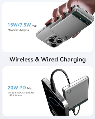 Revolutionize Your Charging Routine with the Kuulaa Mag Safe 10000 m Ah Ultra-Slim Portable Battery Pack – Titanium Finish Wireless Power Bank for i Phone 12/13/14/15/16 with PD 20 W Fast Charging and Magnetic Alignment for Seamless Connectivity