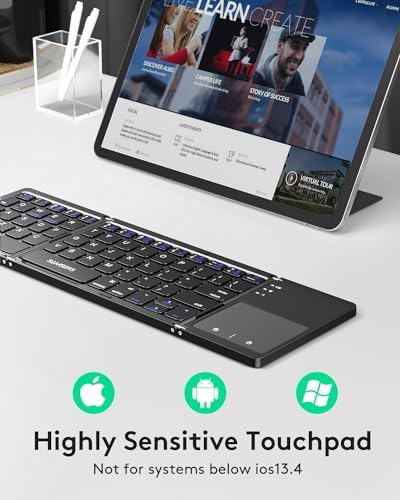 Samsers Portable Bluetooth Keyboard with Touchpad – Ultra-Slim Foldable Wireless Keyboard for Effortless Typing on Android, Windows, and i OS Devices – Rechargeable, Travel-Friendly Design with Device Holder – Black