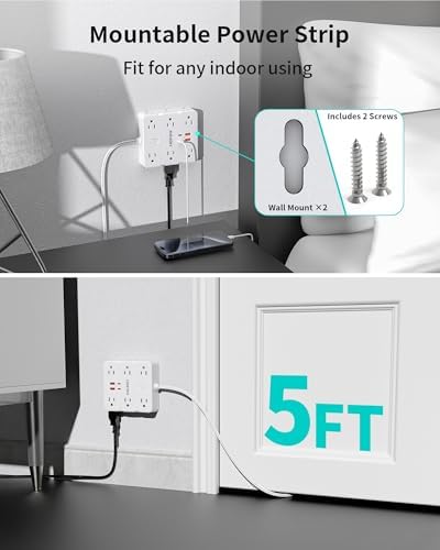 Upgrade Your Charging Experience with 2 Prong Power Strip: 12 AC Outlets & 4 USB Ports (2 USB-C), 1700 J Surge Protector, 5 FT Extension Cord – Wall Mountable for Enhanced Safety in Older Homes with Non-Grounded Outlets