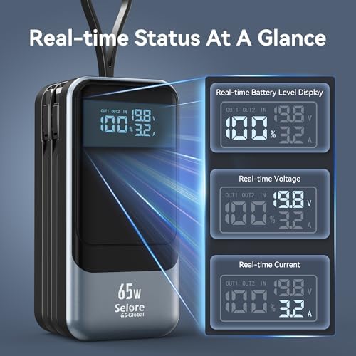 Ultimate Fast Charging Power Bank 18400 m Ah 65 W – Portable Laptop Charger with Built-in USB-C & Lightning Cables, LED Display, Ideal Travel Battery Pack for i Phone 16/15/14/13/12, Mac Book & Samsung – Unmatched Compatibility & Efficiency