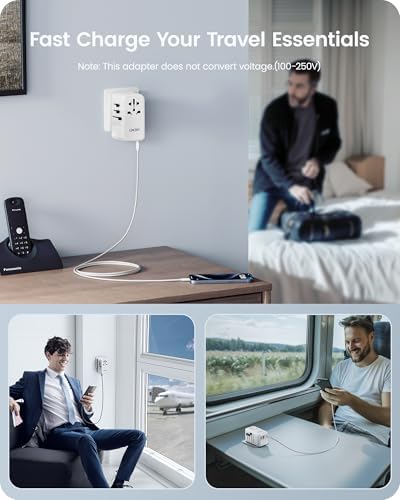 85 W Universal Travel Power Adapter with Retractable USB-C Cable – Optimal Fast Charging Hub for Global Use, Featuring 4 Ports for Seamless Connectivity in US, EU, UK & Beyond, Engineered for On-the-Go Professionals Seeking Efficiency and Versatility