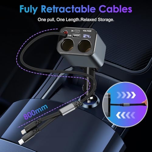 Ultimate 6-in-1 Retractable Car Charger: 159 W Fast Charging for i Phone 15/15 Pro Max, Galaxy, and Pixel – USB-C & Dual Cigarette Lighter Adapters for Multi-Device Convenience and Tangle-Free Storage