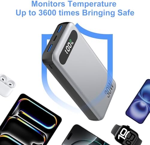 High-Speed 30 W PD 20000 m Ah Power Bank with Intelligent Display – Triple Output & Dual Input Charger for i Phone 15/16 Pro Max, Galaxy S24, Mac Book – Ultimate Versatile Portable Charging Solution with Integrated USB Cable for Effortless On-the-Go Power