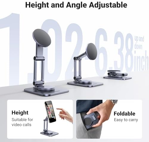 UGREEN 360° Rotation Magnetic iPhone Stand for MagSafe, Cell Phone Stand for Desk Ergonomic Design Adjustable Compatible with iPhone 16 Pro 15 Pro Max 14 Plus 13 12 and MagSafe Case – Enhanced Compatibility and Speed