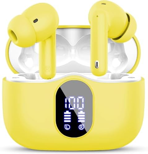 Btootos Ultra-Durable Bluetooth 5.4 Wireless Earbuds – Immersive Bass Sound with Noise-Cancelling Mic, IP7 Waterproof Design for Active Lifestyles, 36-Hour Playtime with LED Battery Display, Bold Yellow for a Striking Audio Experience