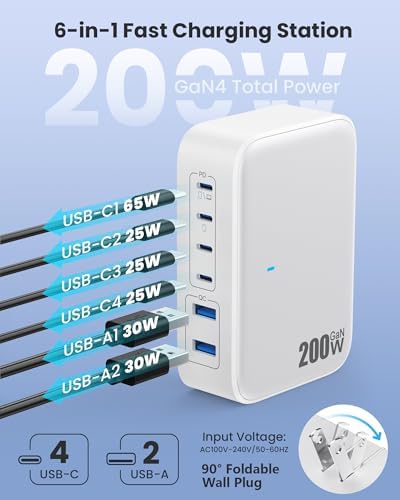 200 W USB C Charging Hub with 6 Ports – Ga N IV Foldable Wall Charger for Rapid Device Power-Up, PD 65 W Laptop Charger for Mac Book Pro, Dell, i Phone 16/15, i Pad, Galaxy & Steam Deck – Compact & Travel-Friendly Fast Charging Solution