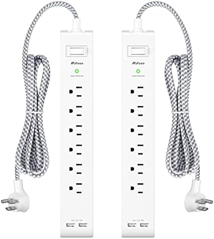 Dual Pack 12 FT Power Strip with 6 AC Outlets & 4 USB Ports, Including 2 USB-C – Versatile Surge Protector for Home, Office, and Dorm Use – Space-Saving Flat Plug Design, Wall Mountable for Ultimate Convenience and Safety