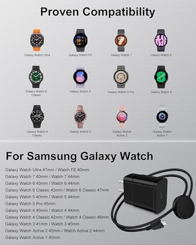 Revolutionary Magnetic Wireless Charger for Samsung Galaxy Watches – 25 W USB-C Fast Charging Block with 3.3 FT Type-C Cable in Stylish Black – Unmatched Compatibility with Galaxy Watch Ultra/FE/7/6/6 Classic/5/5 Pro/4/4 Classic/3/Active 2/1 – Effortless Docking & Robust Design for Enhanced Charging Efficiency