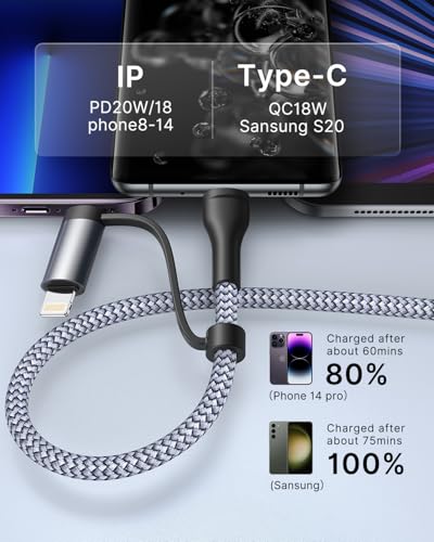 Universal 4-in-1 Multi-Device Charging Cable [2-Pack, 6.6 FT] – 60 W Fast Charging Nylon Braided Lightning & USB-C Cords for i Phone, i Pad, Samsung Galaxy, Mac Book & More – Durable & Tangle-Free Solution for Efficient Powering