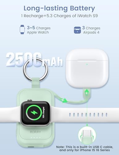 Compact RORRY 2500 m Ah Portable Charger for Apple Watch – Fast Charging Power Bank with Built-in USB-C Cable, Ideal Travel Companion for Series 10, 9, 8, 7, 6, 5, Ultra 2, and SE, Stylish Pink Design for On-the-Go Charging and Enhanced Device Compatibility