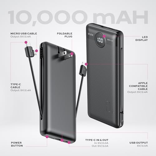 Statik Go Hub Slim 10000 m Ah Portable Charger with Built-in Cables – Universal Power Bank with Wall Plug for Fast Charging Multiple Devices on the Go – Lightweight Travel Charger for Smartphones and Tablets