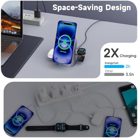 Revolutionary 3-in-1 Rotating Wireless Charger – Qi2 Certified 15 W Fast Charging Station for i Phone 16/15/14/13/12, Apple Watch & Air Pods – Enhanced Heat Management & Magnetic Alignment – Sleek Matte Design with Touch-Sensitive Stand and Ambient Night Light – Effortless Portrait/Landscape Mode for Seamless Use – Ultimate Charging Solution for All Your Apple Devices – Organized Desktop Power Hub with Smart IC Protection – Includes Power Adapter & USB-C Cable – Perfect for Home, Office, or Travel