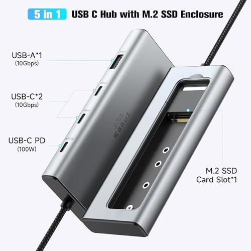 Transform Your Workspace with RSHTECH 5-in-1 USB C Hub: Lightning-Fast 10 Gbps Data Transfer, M.2 NVMe/SATA SSD Enclosure, and 100 W Power Delivery for Mac Books and Laptops – Sleek Aluminum Design for Ultimate Portability and Compatibility