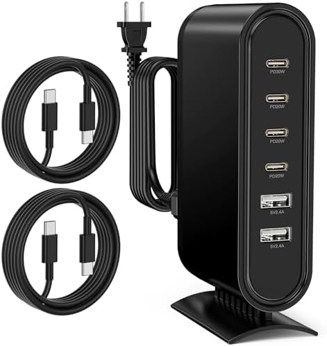 High-Power 96 W Multi-Device Charging Station – 6-Port USB-C Fast Charging Hub with 6 ft Cables for i Phone 16, 15 Pro Max, Samsung, Android & i Pad – Sleek Black Organizer for Home & Office Use – Rapid Charging Solution to Eliminate Cable Clutter