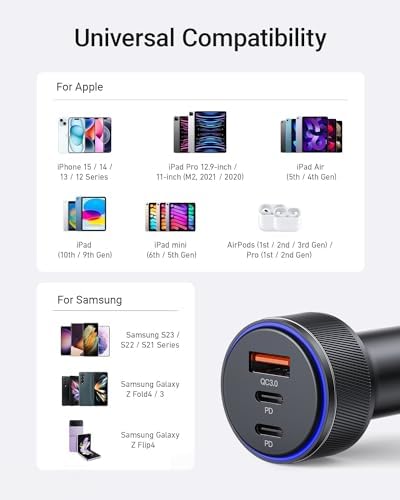AKNSN 90 W Multi-Port Car Charger – Ultra-Fast USB-C & USB-A Charging for i Phone 16/15/14/13 Pro Max, i Pad, Mac Book, Samsung, Google Pixel – Smart Charge Technology with PD3.0 & QC3.0 Compatibility for Optimal Device Performance and Safety