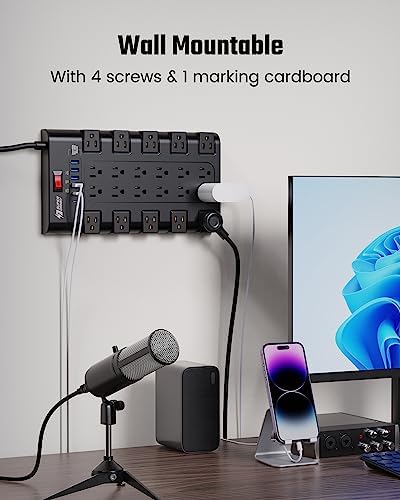 Power Strip Surge Protector by SUPERDANNY – 22 Outlets, 45 W Type-C Fast Charging with 4 USB-A & 2 USB-C Ports, 2100 Joules Protection, 15 A/1875 W Capacity, 6.5 Ft Flat Plug Extension Cord – Ideal for Home Streaming & Gaming Setup