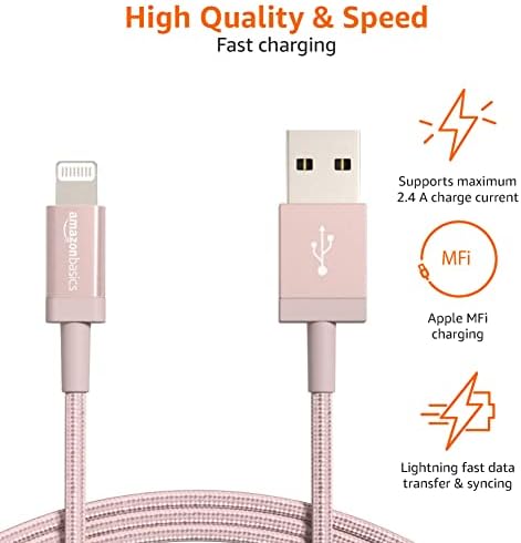 Experience Ultimate Charging Efficiency with the Amazon Basics 6-Foot USB-A to Lightning Charger Cable – MFi Certified, Durable Nylon Braided Design for Fast Power Delivery to Apple i Phone 14, 13, 12, 11, X, Xs Pro, Pro Max, Plus, i Pad – Stylish Dark Gray Finish for Enhanced Compatibility