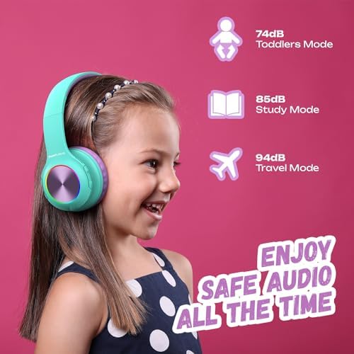Vibrant Power Locus PLED Kids Bluetooth Headphones – Safe Volume Control (74/85/94 d B), Fun LED Lights, Hi-Fi Sound, Built-in Microphone & Multi-Connectivity for Travel, Learning & Play – Perfect Over-Ear Design for Children