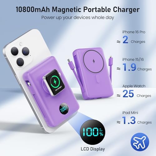 Revolutionary Magnetic Portable Charger for i Phone – 6-in-1 Power Bank with 10,800 m Ah Capacity, Built-in Cables, Apple Watch Charger, and LCD Display – 25 W PD Fast Charging for i Phone 16/15/14/13/12 and Mag Safe Compatibility – Ultimate On-the-Go Charging Solution