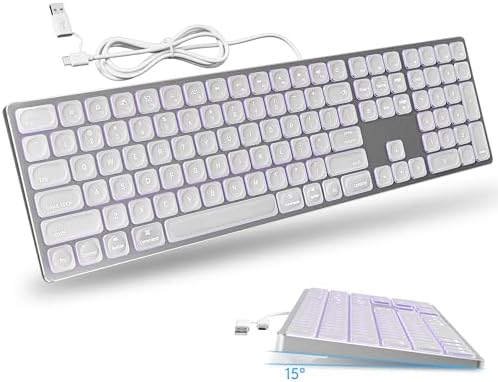 Sleek White Aluminum Backlit Keyboard for Apple Mac – USB-A & USB-C Wired with Numeric Keypad, Effortless Plug-N-Play Setup for i Mac, Mac mini & Mac Book Users – Enhance Productivity & Style with Premium Build and Low-Light Typing Comfort