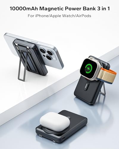 Ultimate 5-in-1 Mag Safe Portable Charger – 10,000 m Ah Wireless Magnetic Power Bank for Apple Devices – Fast Charging Battery Pack with Built-in Stand for i Phone 16 Pro Max/15/14/13 Mini & Apple Watch – Sleek Black Design for On-the-Go Power Solutions