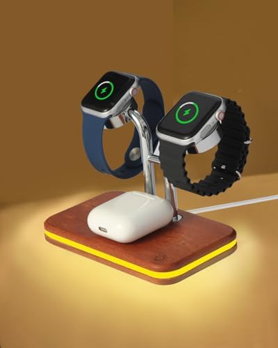 Sleek Dual Wireless Charging Dock for Apple Watch & Air Pods – 10 W Quick Charge Station with Multi-Color LED Status Light | Premium Wooden Finish for All Apple Watch Series & Pro Models | Transform Your Charging Area with Style and Efficiency