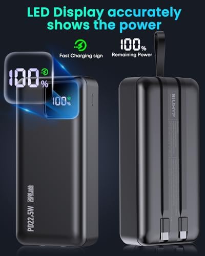 Ultra High Capacity 50,000 m Ah Power Bank with Fast Charging and Built-in Cables – 22.5 W USB-C & Micro USB Portable Charger for i Phone, Samsung, i Pad – Ideal for Travel, Camping, and Everyday Use – Reliable LED Display for Battery Monitoring