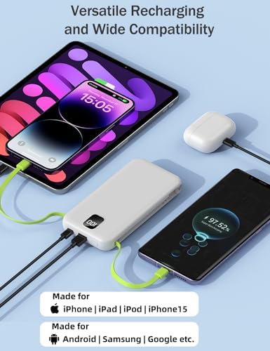 Ultra-Compact 10,000 m Ah Portable Charger with Integrated Cables & AC Plug – Fast Charging Power Bank for i Phone, Samsung, and Android Devices – QC 22.5 W & PD 20 W Travel Essential with Sleek Design for Maximum Convenience and Reliability