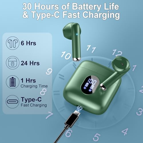 Advanced Bluetooth 5.3 Wireless Earbuds – Hi-Fi Stereo Sound for Ultimate Audio Experience, 4 ENC Mics for Superior Call Clarity, Featherlight 3 g Build for Unmatched Comfort, 30-Hour Playtime with Sleek USB-C Charging Case, IP7 Waterproof for All-Weather Durability, Seamlessly Compatible with Android & i OS – Ideal for Music Aficionados and On-the-Go Professionals