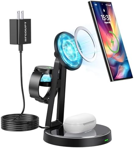 3-in-1 Wireless Charging Station for Samsung and Apple – Enhanced Fast Charging for Galaxy Watch 7/6/5, Air Pods & i Phone 15/14/13/12 – Magnetic Alignment and Versatile Design for Efficient Power Management – Perfect for Home, Office, and Travel – Comprehensive Safety Features Included – Ideal for Neat and Organized Charging Solutions