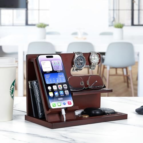 Wood Phone Docking Station Key Holder Stand Watch Organizer Men Gift Husband Wife Anniversary Dad Birthday Nightstand Purse Father Graduation Male Travel Idea Gadgets – Enhanced Compatibility and Speed