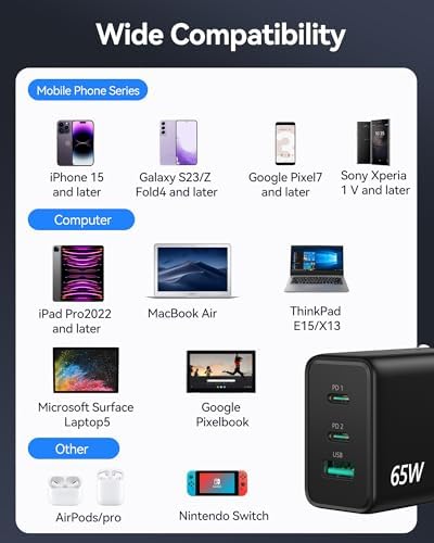 TECKNET 65 W Ga N Wall Charger – PD 3.0 USB-C Fast Charging Adapter with 3 Ports, Foldable Travel Plug for i Phone 16 Series, Galaxy S24/S25, Mac Book Pro, and Switch – Ultimate Power Solution for On-the-Go Efficiency and Versatility