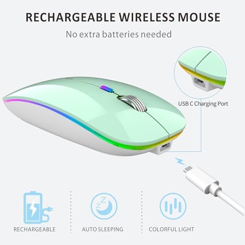 Uiosmuph G12 Slim Rechargeable LED Wireless Silent Mouse – Ultra-Portable USB Optical Computer Accessory with Type C Adapter for Seamless Compatibility and Noise-Free Operation in Blackish Green